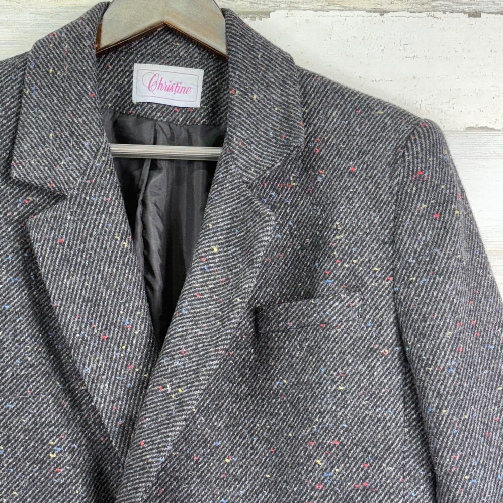 Christine Womens Tweed‎ Blazer Gray Donegal Wool Double Breasted Jacket 16 VTG